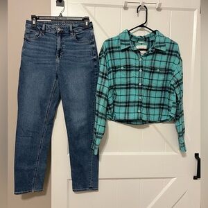 American Eagle skinny stretch jeans womens 4, cropped flannel plaid shirt size S